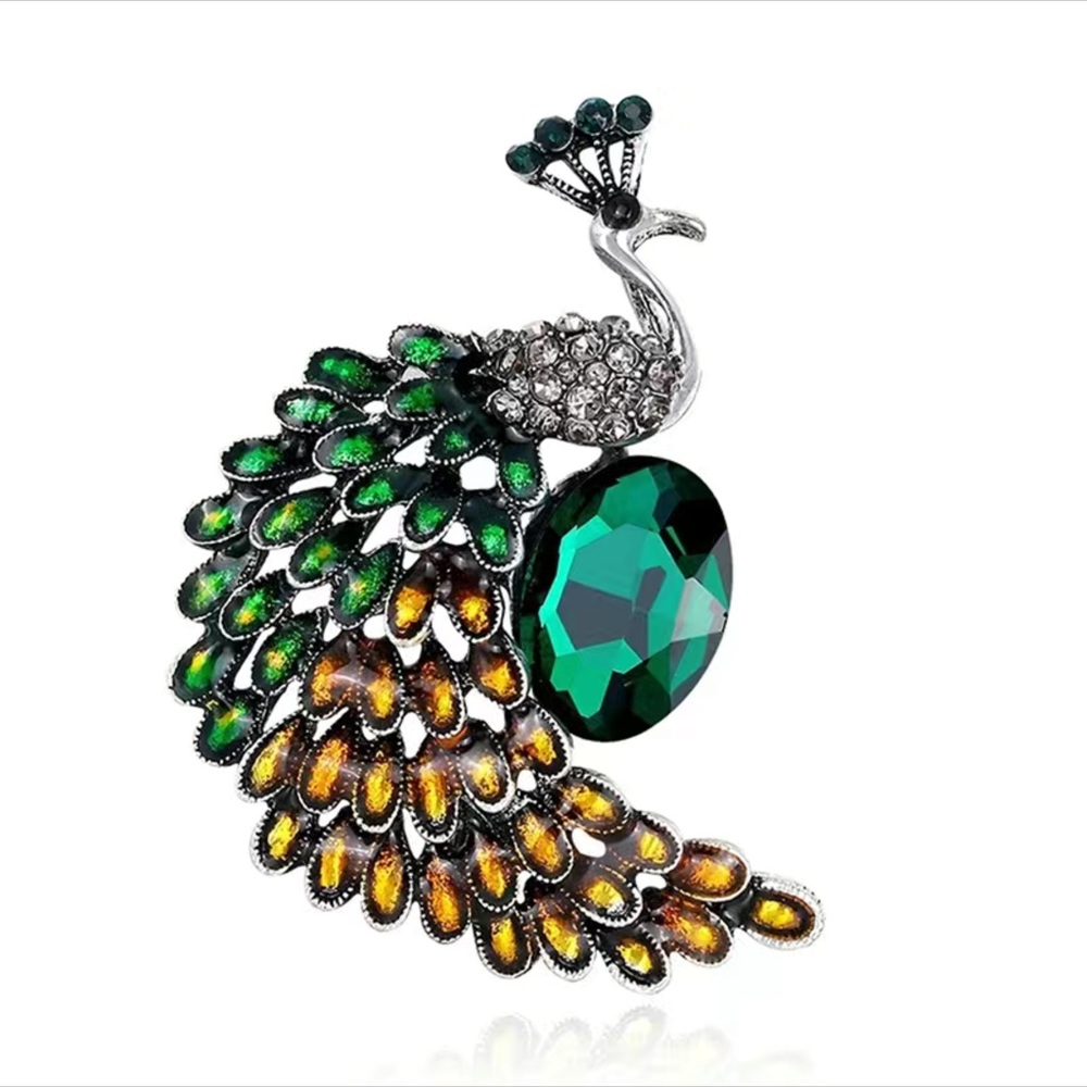Majestic Green and Orange Peacock Brooch